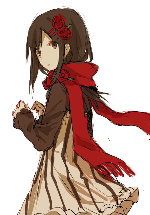 1girl aaniko alternate_costume brown_dress brown_eyes brown_hair dress enpera flower fringe_trim from_side hair_flower hair_ornament hairclip kagerou_project limited_palette long_hair long_sleeves looking_back mekakucity_actors parted_lips red_flower red_rose red_scarf rose scarf simple_background sketch solo striped striped_dress tateyama_ayano two-tone_dress upper_body vertical-striped_dress vertical_stripes white_background