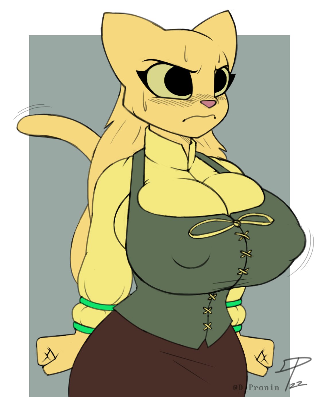 2022 angry anthro bethesda_softworks big_breasts blouse blush blush_lines bodily_fluids breast_jiggle breasts bulging_breasts clenched_fists clothing corset digital_media_(artwork) dpronin dress felid female fist frown hair hi_res high_collar jiggling khajiit lingerie long_hair mammal medieval_clothing motion_lines nipple_outline pink_nose prequel_adventure rajirra signature solo sweat the_elder_scrolls topwear twitching_tail webcomic