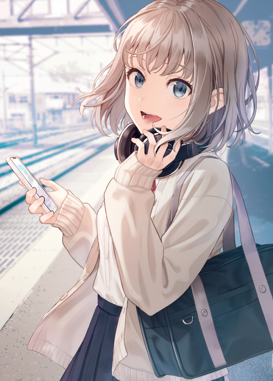 1girl bag bangs blue_eyes blue_skirt bow bowtie bridge cowboy_shot duplicate from_side hand_on_headphones headphones highres holding holding_phone hyuuga_azuri jacket light light_brown_hair long_sleeves looking_at_viewer monochrome_background open_clothes open_jacket open_mouth original outdoors phone pixel-perfect_duplicate pleated_skirt power_lines railroad_tracks red_bow red_bowtie school_bag shirt short_hair shoulder_bag skirt smile solo standing teeth train_station utility_pole white_shirt