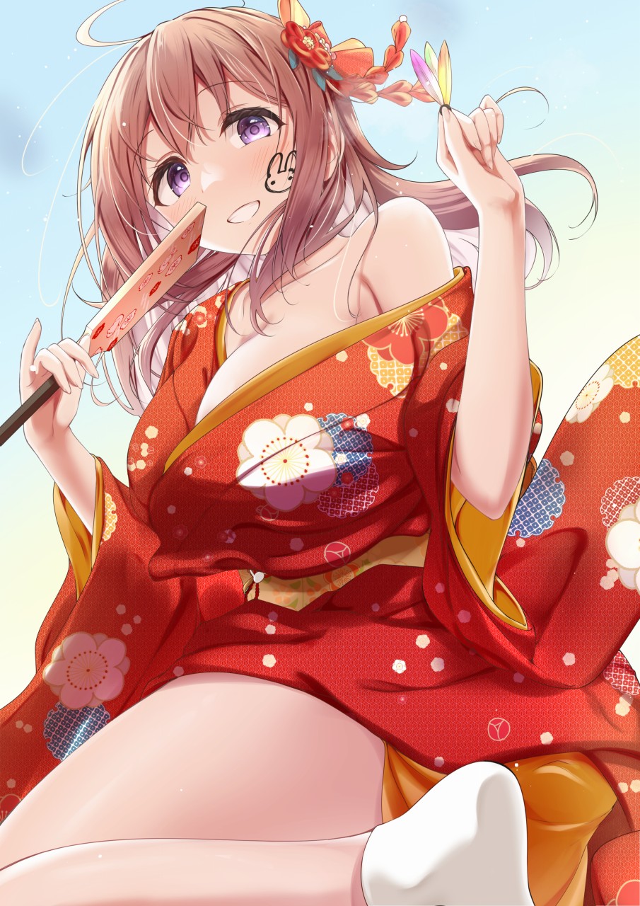 1girl ahoge akisaka_yamoka breasts brown_hair cleavage commentary_request facepaint floral_print flower hagoita hair_flower hair_ornament hane_(hanetsuki) hanetsuki highres japanese_clothes kimono large_breasts looking_at_viewer new_year original paddle purple_eyes red_kimono socks solo white_socks