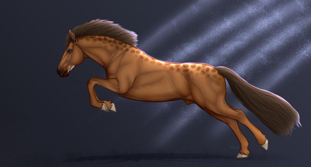 2020 animal_genitalia blue_eyes brown_body brown_hair brown_mane brown_tail digital_media_(artwork) dolero equid equine feathering feral fur genitals hair hooves horse male mammal mane on_hind_legs raised_leg sergetishbein sheath simple_background solo tail