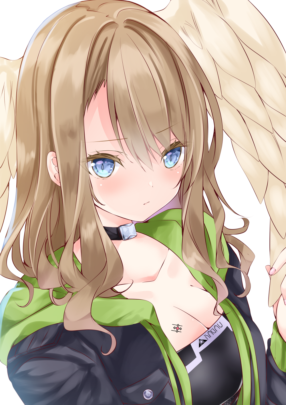 1girl bangs black_bodysuit black_jacket blue_eyes bodysuit breasts brown_hair cleavage closed_mouth eunie_(xenoblade) feathered_wings hair_between_eyes hand_up head_wings highres hood hood_down hooded_jacket jacket long_hair medium_breasts nail_polish nanase_nao open_clothes open_jacket pink_nails simple_background solo white_background white_wings wing_grab wings xenoblade_chronicles_(series) xenoblade_chronicles_3