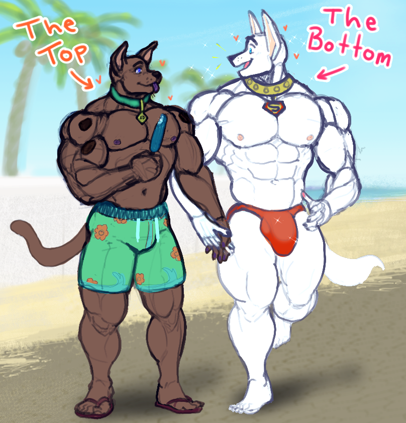 &lt;3 2023 abs anthro anthro_on_anthro anthrofied barazoku barefoot beach biceps big_bulge big_muscles blurred_background bulge canid canine canis clothed clothing collar crossover day dc_comics deltoids directional_arrow domestic_dog duo english_text eyebrows feet food footwear fur hand_holding hanna-barbera huge_muscles krypto krypto_the_superdog male male/male mammal muscular muscular_anthro muscular_male navel nipples nubruki_(artist) obliques open_mouth open_smile outside palm_tree pecs plant popsicle romantic romantic_couple sand sandals scooby-doo scooby-doo_(series) seaside shadow smile speedo swimming_trunks swimwear text thick_thighs tongue tongue_out topless topless_anthro topless_male tree tuft walking water