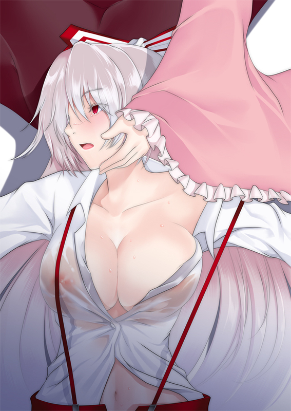 bad_id bad_pixiv_id blush breasts center_opening cleavage collarbone dress_shirt duplicate empty_eyes fujiwara_no_mokou hand_on_another's_cheek hand_on_another's_face houraisan_kaguya kupala large_breasts long_hair looking_away lying multiple_girls navel nipples off_shoulder on_back open_mouth outstretched_arms red_eyes see-through shirt straight_hair suspenders tears touhou unbuttoned unzipped very_long_hair wet wet_clothes white_hair wide_sleeves