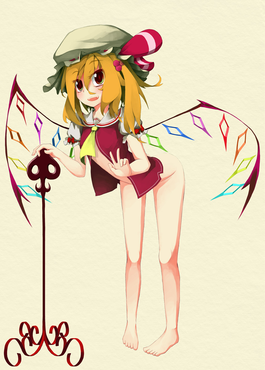 alternate_weapon alternate_wings bad_id bad_pixiv_id barefoot blonde_hair bottomless fang feet flandre_scarlet flat_chest green_eyes hat highres laevatein leaning_forward multicolored multicolored_eyes open_clothes open_mouth open_shirt ponytail red_eyes shirt short_hair side_ponytail smile solo sorrau touhou v weapon wings