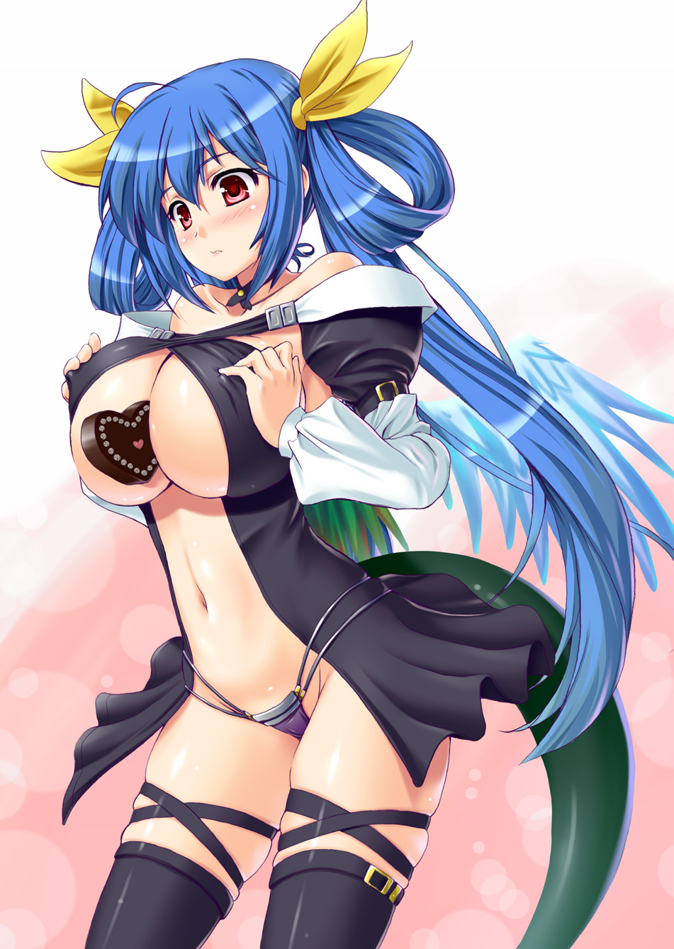 asymmetrical_wings between_breasts blue_hair breast_squeeze breasts chocolate dizzy guilty_gear highres kawase_seiki large_breasts long_hair navel red_eyes solo tail thighhighs twintails underboob valentine wings