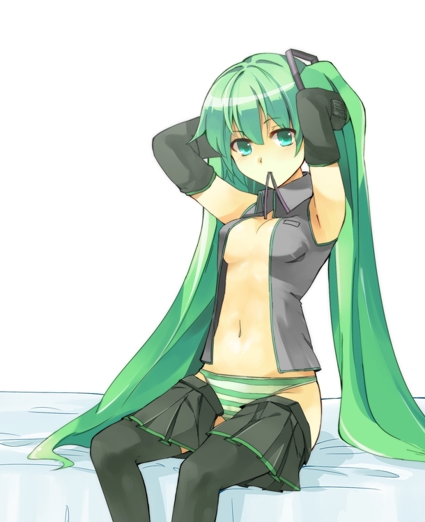 adjusting_hair aqua_eyes bad_id bad_pixiv_id detached_sleeves green_hair hasebe_yuusaku hatsune_miku long_hair mouth_hold navel open_clothes open_shirt panties shirt skirt solo striped striped_panties thighhighs twintails underwear very_long_hair vocaloid