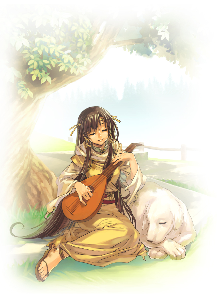 animal artist_request brown_hair cape closed_eyes dog highres instrument long_hair lute_(instrument) mabinogi robe sandals sitting solo tree very_long_hair