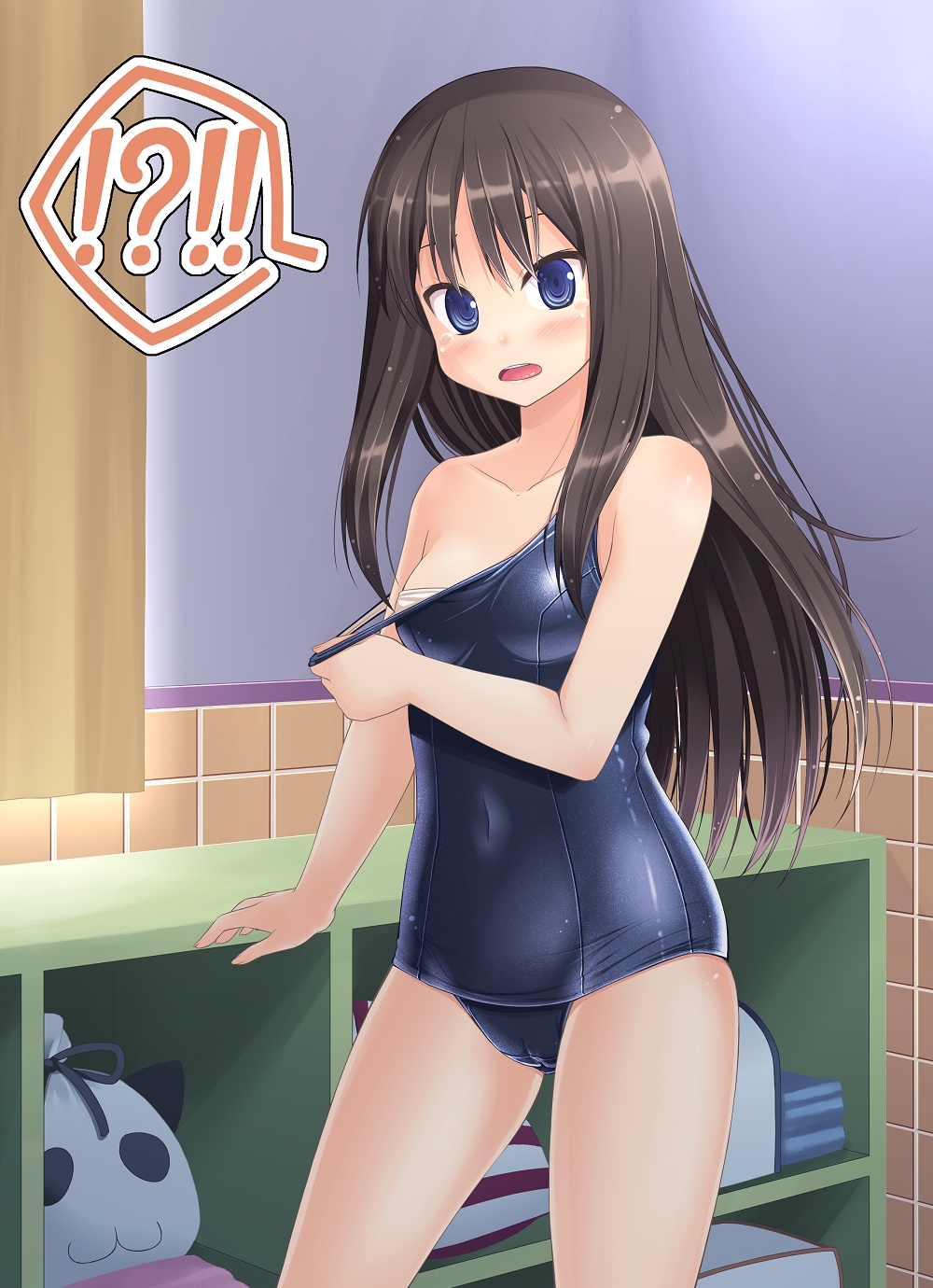 !? 1girl amamiya_minato blue_eyes brown_hair hanamaru_youchien highres long_hair looking_at_viewer one-piece_swimsuit pulled_by_self ringed_eyes school_swimsuit solo strap_pull surprised swimsuit swimsuit_pull tsuchida_satsuki tsurime