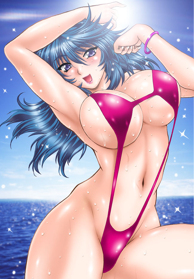 :d arms_up bikini blue_eyes blue_hair bracelet breasts groin happy jewelry large_breasts long_hair manabe_jouji midriff navel open_mouth original sideboob slingshot_swimsuit smile solo sparkle swimsuit thighs underboob water wet