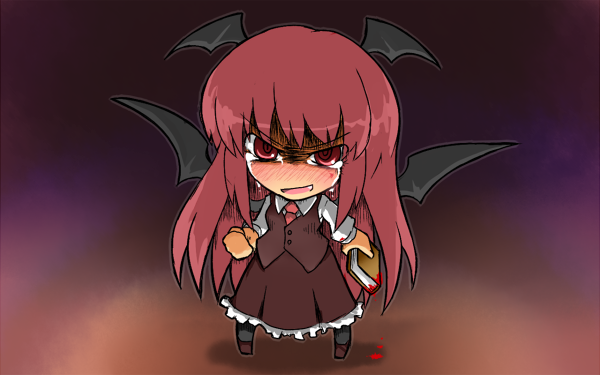 [] angry bat_wings blood blush book chibi commentary fang head_wings koakuma long_hair red_eyes red_hair solo tears touhou wings