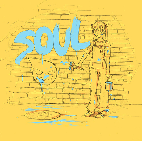 aquaxdrop grin logo lowres maka_albarn overalls paint paint_can paintbrush smile solo soul_eater yellow