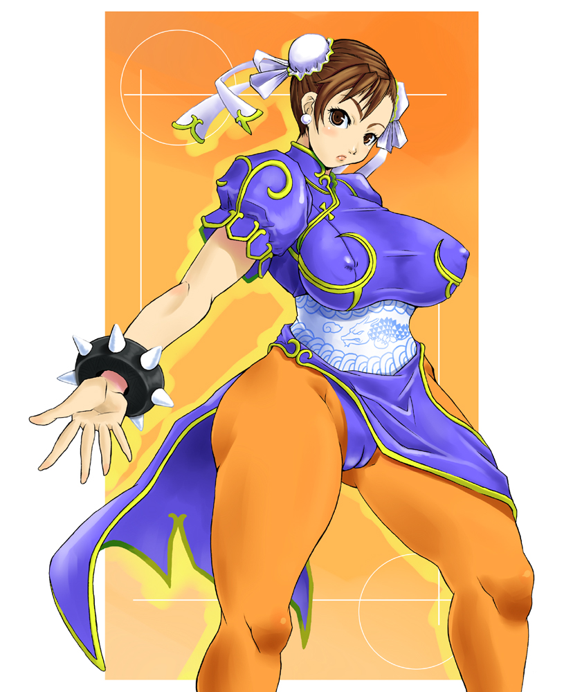bracelet breasts brown_eyes brown_hair bun_cover cameltoe china_dress chinese_clothes chun-li covered_nipples dress jewelry large_breasts pantyhose pelvic_curtain plump ryoushun sash short_hair solo spiked_bracelet spikes street_fighter thick_thighs thighs wide_hips