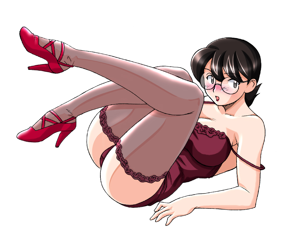 1girl ass blush camisole doraemon glasses high_heels legwear looking_at_viewer lying milf nobi_tamako panties red_shoes shoes short_hair simple_background solo thighhighs underwear white_background