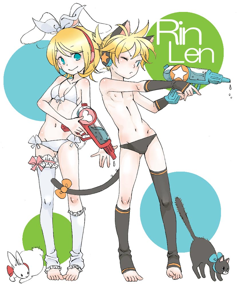 1girl animal_ears aqua_eyes bad_id bad_pixiv_id bikini blonde_hair bow breasts brother_and_sister bunny bunny_ears cat cat_ears detached_sleeves hair_bow headphones kagamine_len kagamine_rin lalamix male_swimwear nipples one_eye_closed otoko_no_ko siblings small_breasts swim_briefs swimsuit swimwear tail thighhighs toeless_legwear twins vocaloid water_gun