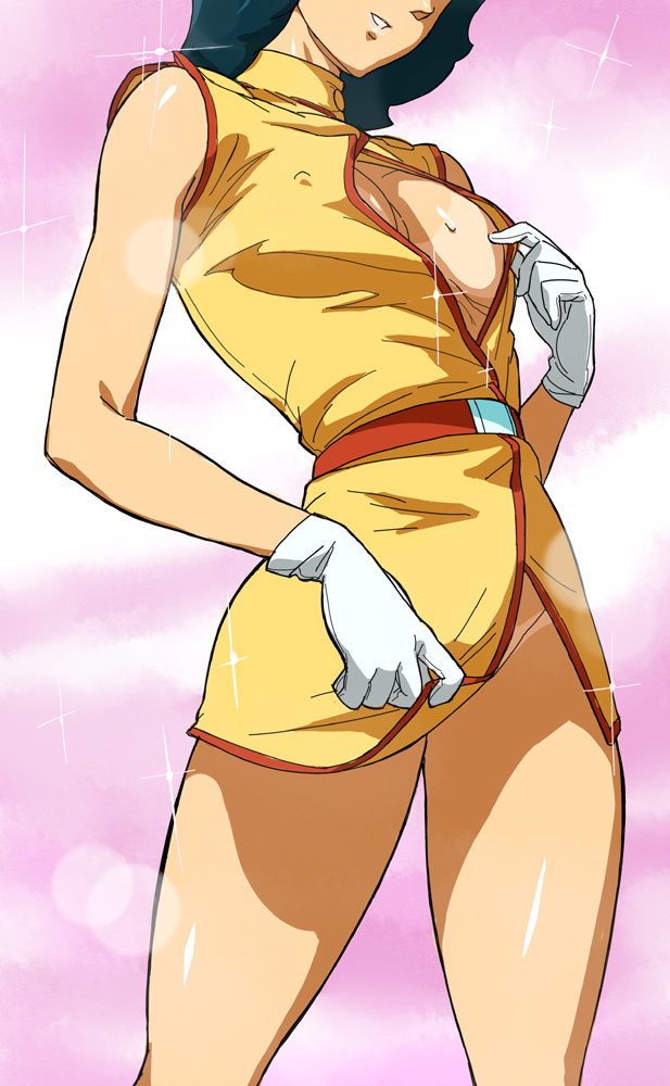 1girl breasts fa_yuiry female gloves gundam opocom smile solo sparkle sparkles standing tan tanline undressing volvox zeta_gundam