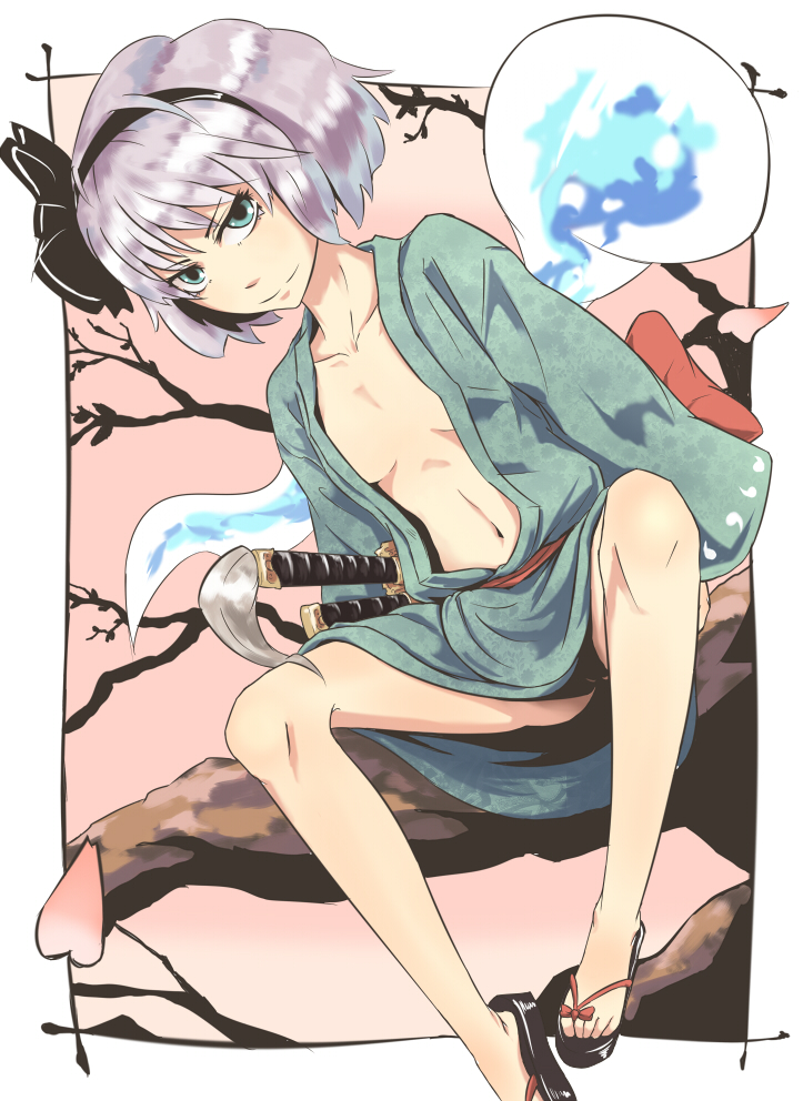 black_hairband blue_eyes flat_chest ghost hairband katana konpaku_youmu konpaku_youmu_(ghost) kouzilow sheath sheathed short_hair silver_hair solo sword touhou weapon