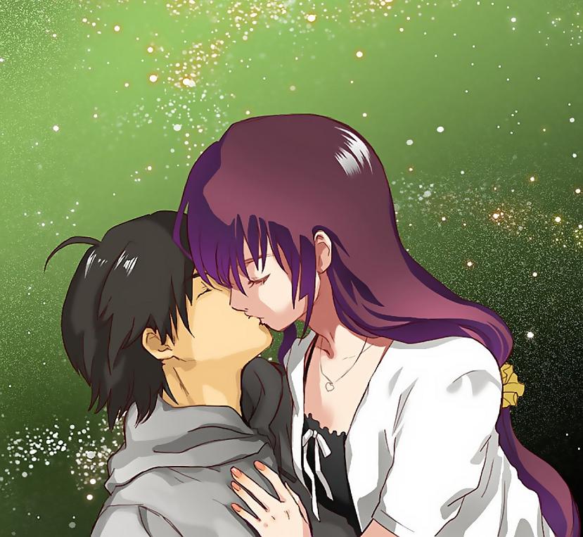 1girl araragi_koyomi bakemonogatari closed_eyes couple hetero kiss md5_mismatch monogatari_(series) senjougahara_hitagi yasuhito_(yasu_no_e)