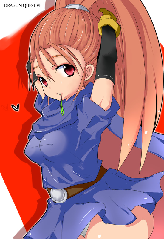 bad_id bad_pixiv_id barbara belt dragon_quest dragon_quest_vi dress elbow_gloves forehead gloves heart high_ponytail long_hair mouth_hold nephilimax orange_hair panties ponytail red_eyes skirt solo underwear