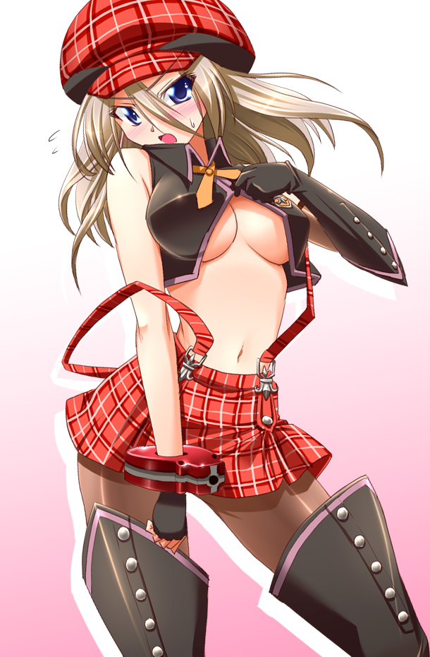 alisa_ilinichina_amiella blonde_hair blue_eyes boots breasts cabbie_hat elbow_gloves fingerless_gloves gloves god_eater god_eater_burst hat large_breasts long_hair matatabi_(2ccp) midriff navel pantyhose plaid plaid_hat plaid_skirt skirt solo suspender_skirt suspenders thigh_boots thighhighs underboob