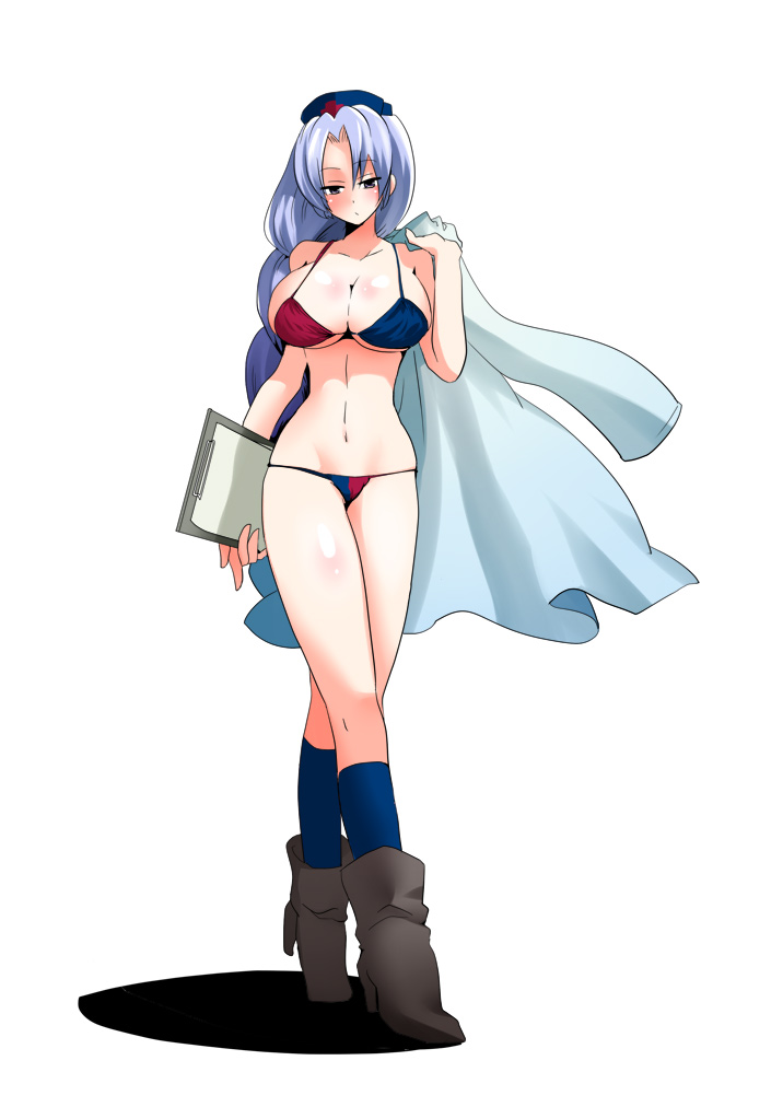 adapted_costume bikini blue_eyes blush body_blush boots braid breasts cleavage clipboard clothes_removed curvy doumou full_body hat high_heels labcoat large_breasts long_hair navel nurse_cap over_shoulder ponytail shoes silver_hair simple_background single_braid socks solo standing swimsuit touhou underboob very_long_hair white_background wide_hips yagokoro_eirin