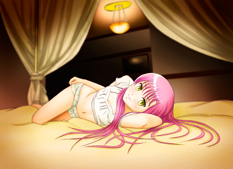 bed camisole hayate_no_gotoku! katsura_hinagiku long_hair lying on_side pink_hair shorts solo tomo_(pixiv) yellow_eyes