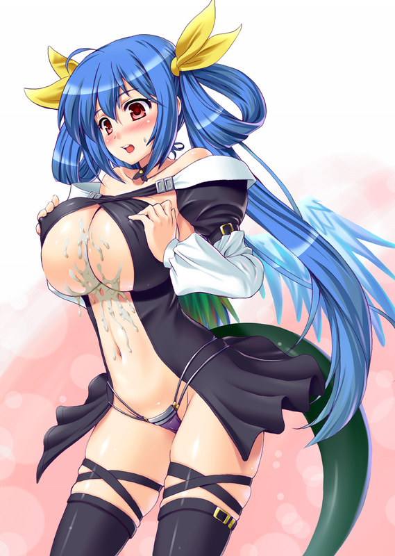 asymmetrical_wings blue_hair blush breast_squeeze breasts cum cum_on_body cum_on_breasts cum_on_upper_body dizzy guilty_gear kawase_seiki large_breasts long_hair navel red_eyes solo tail thighhighs twintails underboob wings