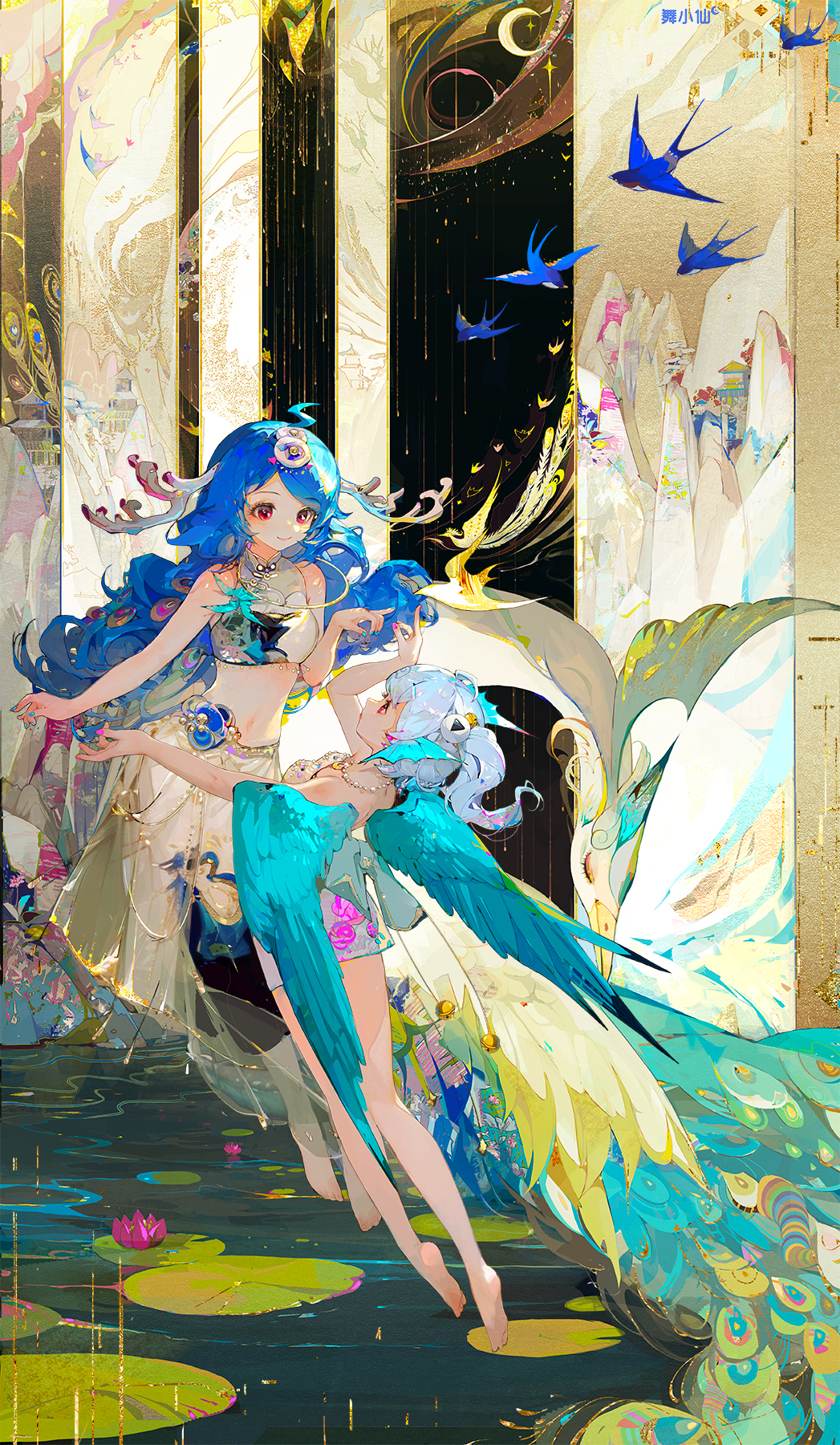 2girls antlers barefoot bili_girl_22 bili_girl_33 bilibili bird bird_wings blue_hair blue_nails closed_mouth commentary_request crop_top feathered_wings full_body harem_outfit head_fins highres jewelry lily_pad long_hair looking_at_another midriff multiple_girls nail_polish navel necklace pearl_necklace pink_nails red_eyes siblings side_ponytail sisters skirt smile swallow_(bird) water white_skirt wings wu_xiao_xian