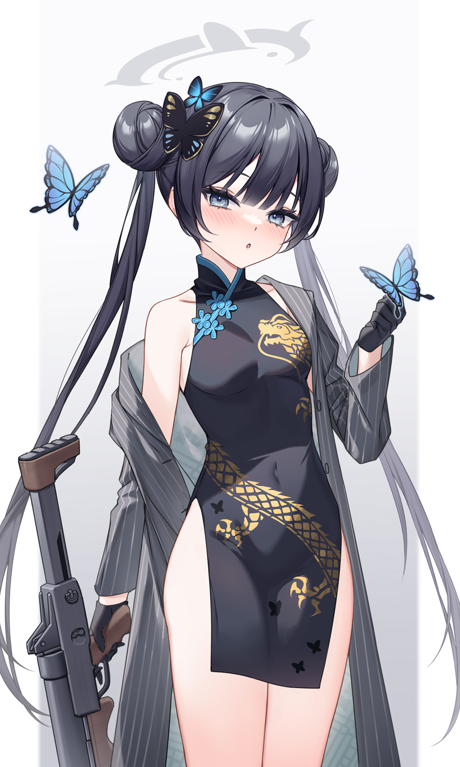 1girl bare_shoulders black_dress black_gloves black_hair blue_archive blue_eyes breasts bug butterfly butterfly_hair_ornament china_dress chinese_clothes commentary_request covered_navel cowboy_shot cs/ls06 double_bun dragon_print dress gloves grey_jacket gun hair_bun hair_ornament halo hand_up highres holding holding_gun holding_weapon jacket kisaki_(blue_archive) long_hair long_sleeves looking_at_viewer no_panties off_shoulder open_clothes open_jacket parted_lips partial_commentary pelvic_curtain print_dress sleeveless sleeveless_dress small_breasts solo standing striped striped_jacket submachine_gun thighs trigger_discipline twintails very_long_hair weapon yuxian_youka