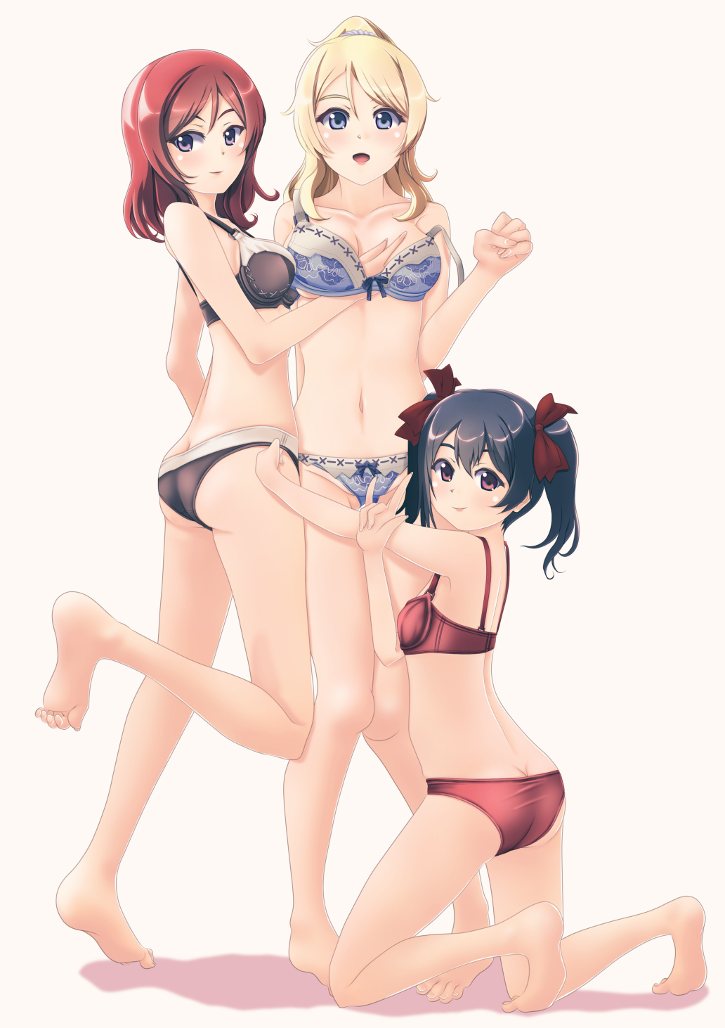 3girls \n/ arm_behind_back ayase_eli back bangs barefoot black_bra black_hair black_panties blonde_hair blue_bra blue_eyes blue_pantyhose bow bow_bra bow_panties bra breast_grab breasts closed_mouth collarbone commentary female_pervert from_behind from_side grabbing hair_ornament hair_ribbon hair_scrunchie hand_in_bra highres jou_(circlemay) kneeling leg_up looking_at_viewer looking_back love_live! love_live!_school_idol_project medium_breasts medium_hair multiple_girls navel nishikino_maki open_mouth panties panty_pull pantyhose pervert ponytail pulled_by_self purple_eyes red_bra red_eyes red_hair red_panties red_ribbon ribbon scrunchie shadow shirt simple_background small_breasts smile standing standing_on_one_leg strapless strapless_shirt twintails underwear underwear_only white_background white_scrunchie yazawa_nico