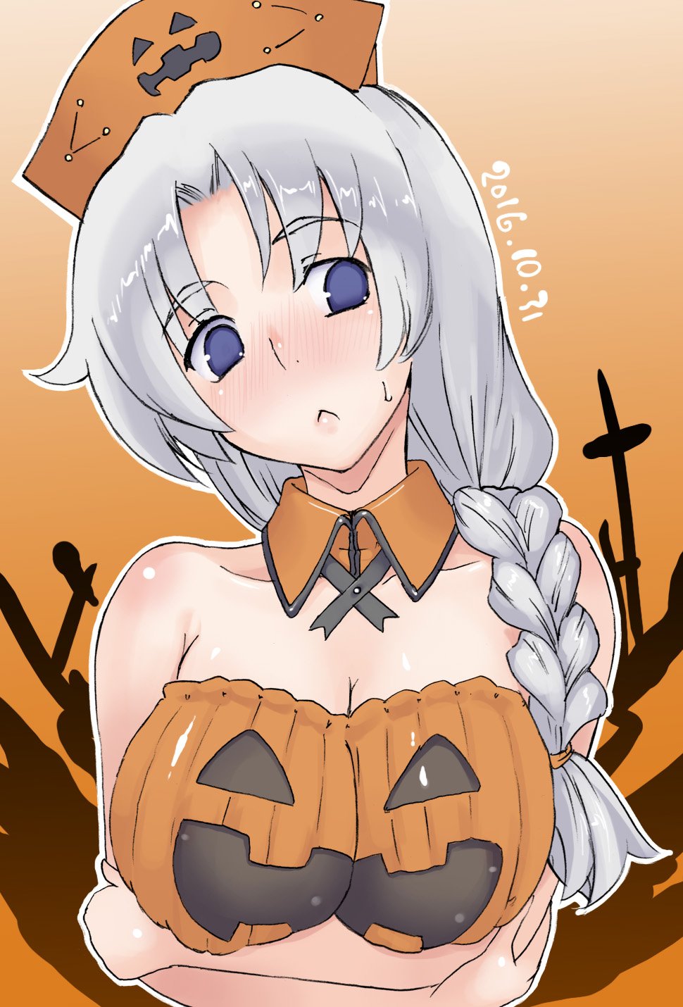 1girl :&lt; alternate_costume arms_under_breasts bangs blue_eyes blush braid braided_ponytail breasts cleavage closed_mouth collar commentary_request dated detached_collar empty_eyes grey_hair hair_over_shoulder halloween hat highres jack-o'-lantern_print kei_jiei large_breasts long_hair looking_to_the_side nose_blush nurse_cap one-hour_drawing_challenge orange_background orange_collar orange_headwear parted_bangs single_braid solo touhou upper_body yagokoro_eirin
