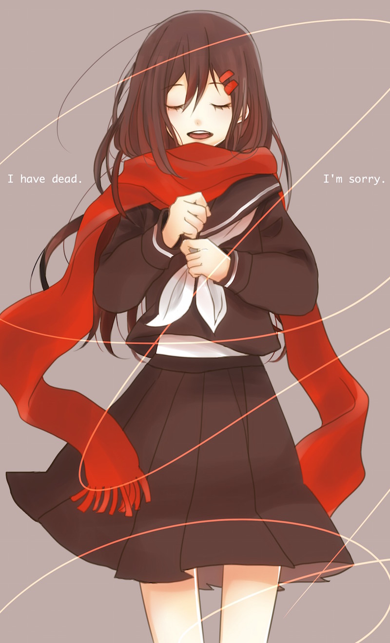 1girl black_sailor_collar black_serafuku black_skirt brown_hair closed_eyes english_text engrish_text enpera eyelashes facing_viewer floating_scarf fringe_trim grey_background hair_between_eyes hair_ornament hairclip hands_on_own_chest highres kagerou_project long_hair long_scarf long_sleeves loss_time_memory_(vocaloid) lyrics mekakucity_actors neckerchief open_mouth pleated_skirt ranguage red_scarf sailor_collar scarf school_uniform serafuku simple_background skirt solo string string_of_fate tateyama_ayano teeth upper_teeth_only white_neckerchief yuu_(4491049)