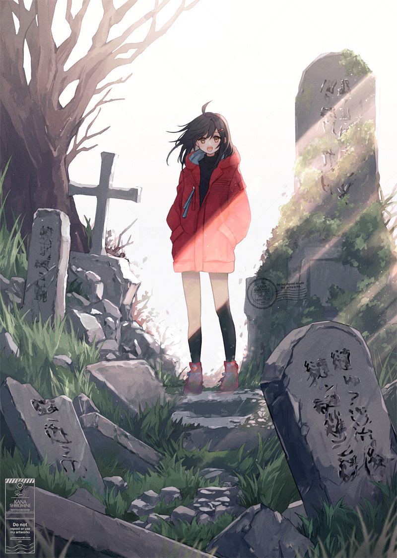1girl ahoge black_hair black_pantyhose commentary_request cross day full_body grass hair_between_eyes hair_ornament hairpin hands_in_pockets hood hooded_jacket jacket looking_at_viewer medium_hair open_mouth original outdoors pantyhose red_footwear red_jacket scenery shiromine_kana smile solo standing stone sunlight tombstone tree yellow_eyes