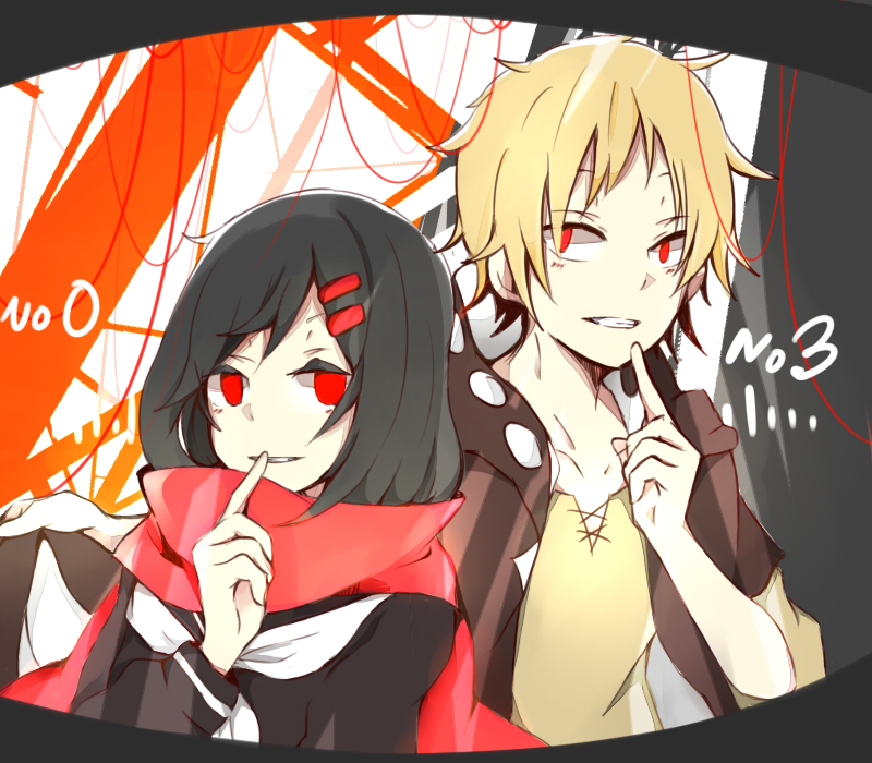 1boy 1girl bangs black_hair black_serafuku blonde_hair brown_hoodie brown_shirt casual character_name empty_eyes enpera finger_to_mouth framed grey_background grin hair_ornament hair_over_one_eye hairclip hood hood_down hoodie index_finger_raised k623 kagerou_project kano_shuuya long_sleeves looking_at_viewer looking_to_the_side mekakucity_actors multicolored_background neckerchief parted_lips print_hoodie red_eyes school_uniform serafuku shirt short_hair short_sleeves sleeve_cuffs smile string string_of_fate tateyama_ayano teeth upper_body white_background white_neckerchief