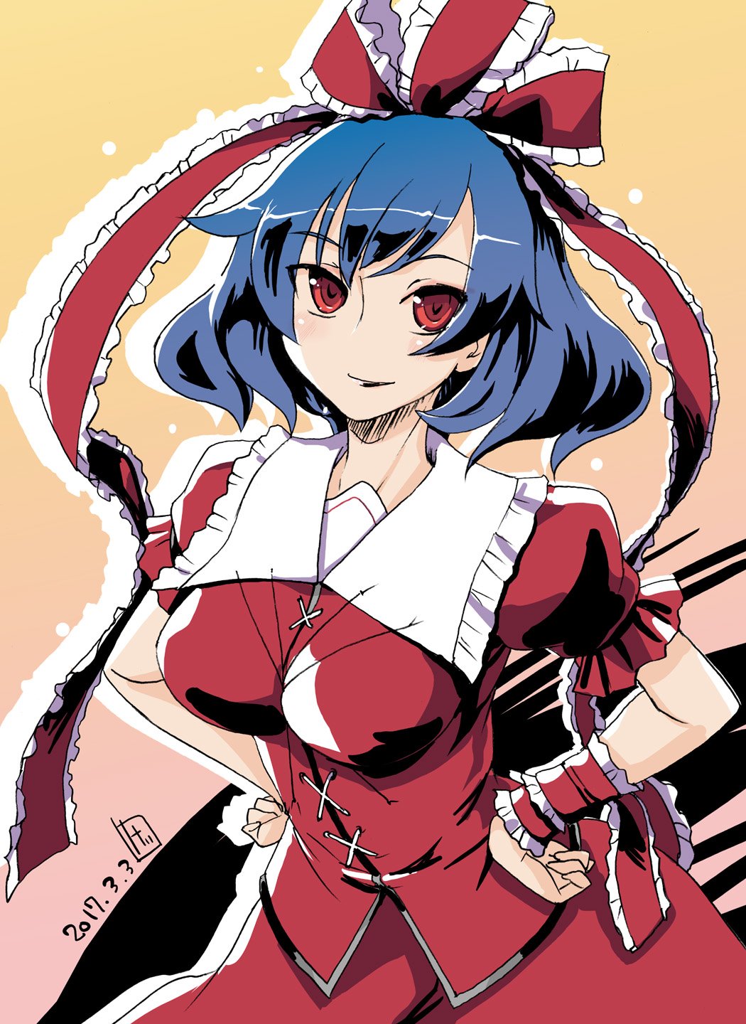 1girl bangs blue_hair blush breasts commentary_request cosplay cowboy_shot dated frilled_ribbon frilled_shirt_collar frilled_sleeves frills gradient_background hair_ribbon highres kagiyama_hina kagiyama_hina_(cosplay) kei_jiei large_breasts looking_at_viewer one-hour_drawing_challenge open_mouth orange_background puffy_short_sleeves puffy_sleeves red_eyes red_ribbon red_shirt red_skirt ribbon shirt short_hair short_sleeves skirt skirt_set smile solo touhou wrist_ribbon yasaka_kanako