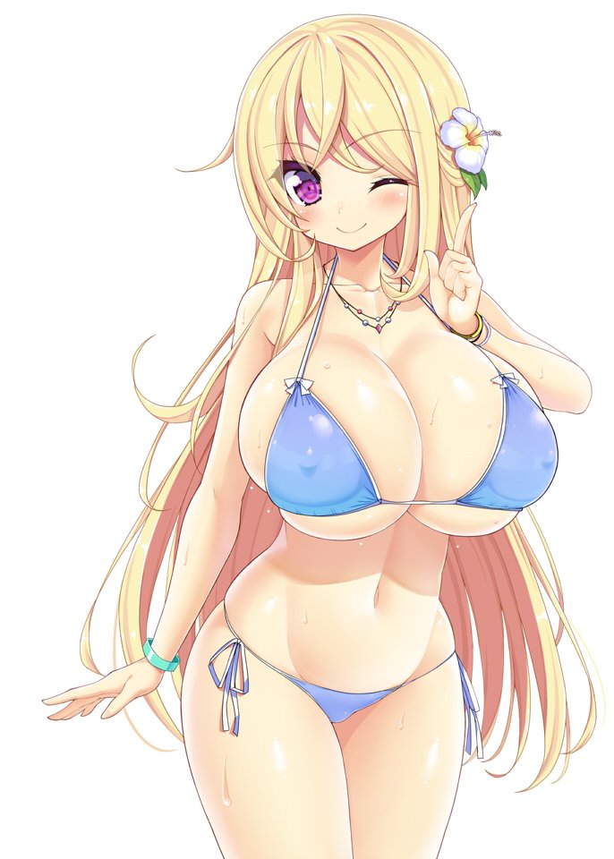 1girl bare_arms bare_shoulders bikini blonde_hair blue_bikini bracelet breasts closed_mouth covered_nipples flower hair_flower hair_ornament huge_breasts jewelry navel necklace one_eye_closed original purple_eyes shuz_(dodidu) side-tie_bikini_bottom solo swimsuit