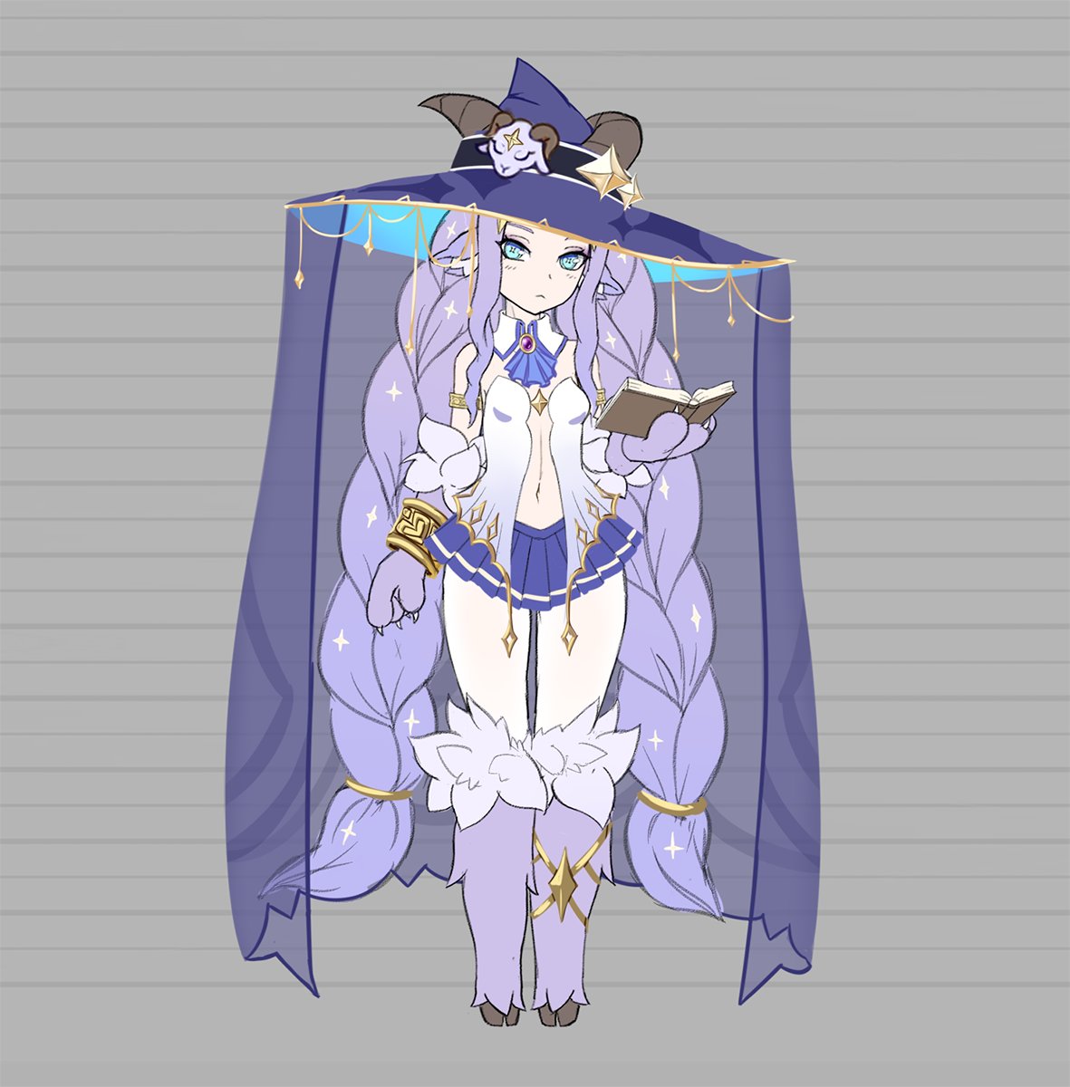 1girl animal_ears animal_hands ascot baphomet_(monster_girl_encyclopedia) bare_shoulders blue_ascot blue_eyes blue_skirt book center_opening claws commentary detached_collar english_commentary expressionless full_body goat_ears goat_horns hat highres holding holding_book hooves horns horns_through_headwear light_purple_hair long_hair looking_at_viewer monster_girl_encyclopedia navel open_book pleated_skirt simple_background skirt solo valldor veil very_long_hair witch_hat