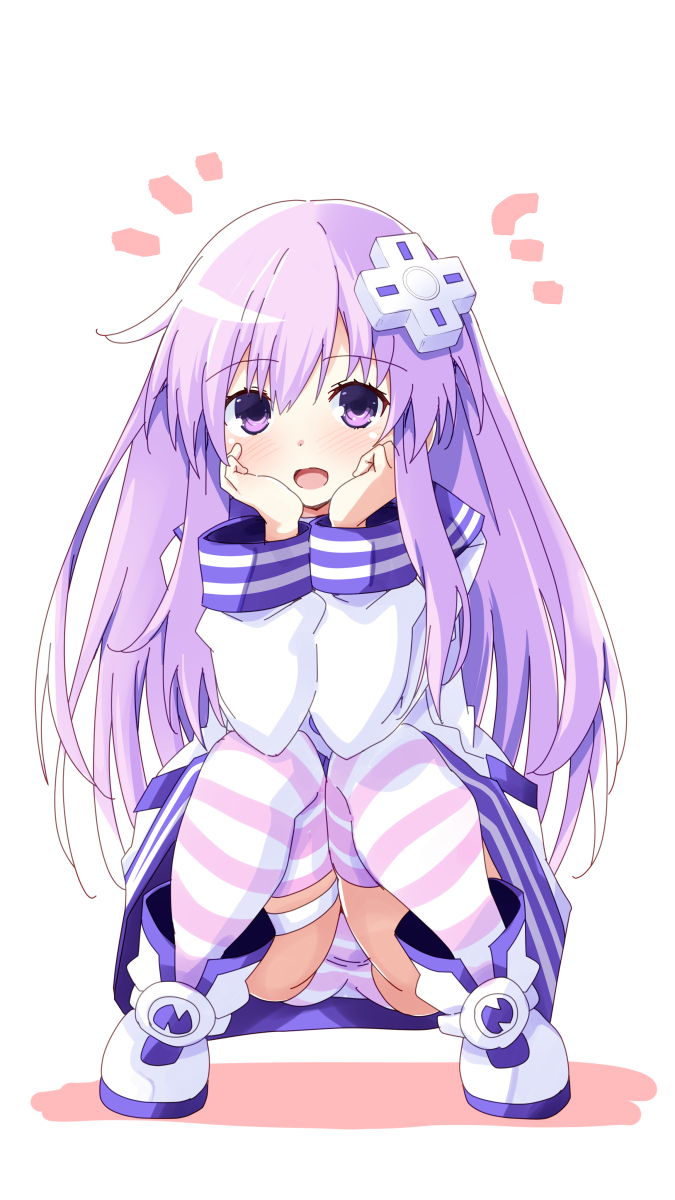 1girl d-pad d-pad_hair_ornament dress hair_ornament happy highres iwashi_dorobou_-r- long_hair looking_at_viewer nepgear neptune_(series) open_mouth panties pantyshot purple_eyes purple_hair smile solo squatting striped striped_panties striped_thighhighs thighhighs underwear