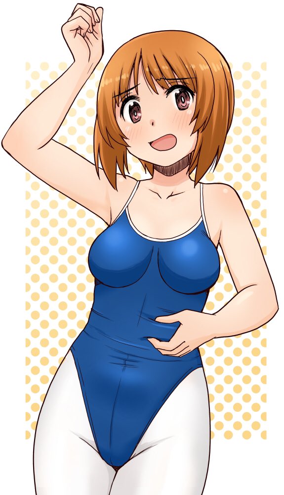 1girl blue_leotard blush breasts brown_eyes cleavage collarbone covered_navel girls_und_panzer large_breasts leotard looking_at_viewer nishizumi_miho open_mouth orange_hair pantyhose polka_dot polka_dot_background solo uona_telepin white_pantyhose