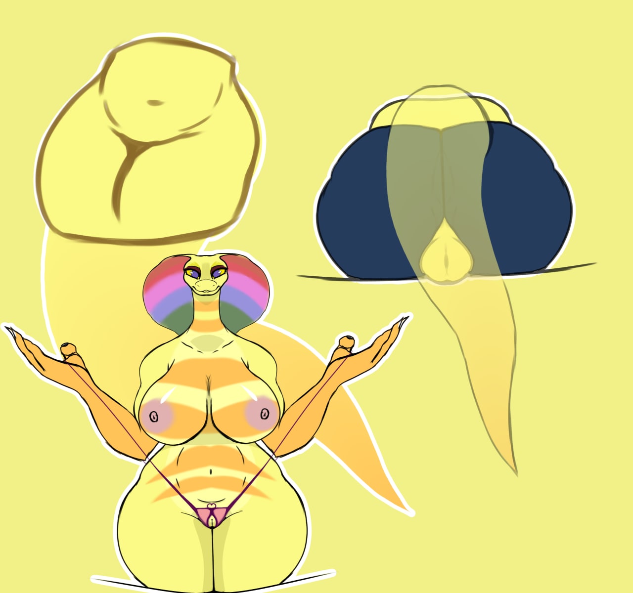anthro belly_scales big_breasts big_butt breasts bush_viper butt cobra female genitals haze_hazzardous hi_res long_neck looking_at_viewer old_world_viper pussy reptile scales scalie sir_daniels snake snake_hood solo thick_thighs viper yellow_body