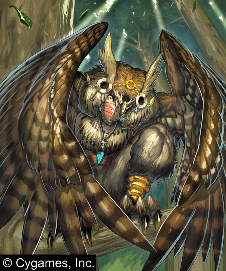 1boy animal_feet bird_legs brown_feathers brown_hair brown_wings claws cygames feather_necklace feathered_wings feathers full_body harpy_boy ishibashi_yosuke jewelry leaf light_rays looking_at_viewer male_focus mask monster_boy neck_fur necklace outdoors owl_boy shadowverse solo squatting sunbeam sunlight talons tree winged_arms wings yellow_eyes