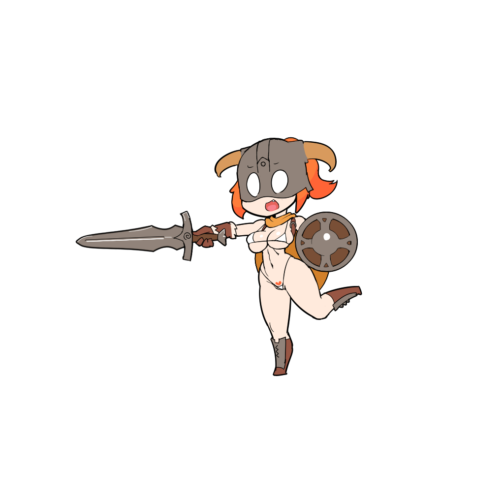 1girl :d bikini boots breasts brown_footwear brown_gloves chibi dovahkiin dovakini-chan fake_horns female_pubic_hair gloves helmet holding holding_shield holding_sword holding_weapon horned_helmet horns large_breasts long_hair looking_at_viewer navel nisetanaka open_mouth orange_hair ponytail pubic_hair shield simple_background smile solo stomach string_bikini swimsuit sword the_elder_scrolls the_elder_scrolls_v:_skyrim weapon white_background white_bikini