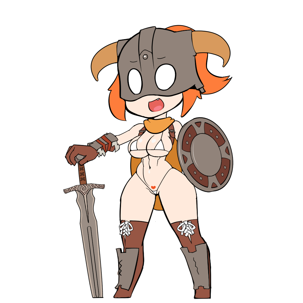 1girl :d bikini boots breasts brown_footwear brown_gloves chibi dovahkiin dovakini-chan female_pubic_hair full_body gloves holding holding_shield holding_sword holding_weapon horned_mask large_breasts looking_at_viewer lying mask navel nisetanaka on_stomach open_mouth orange_eyes orange_hair ponytail pubic_hair shield simple_background smile solo standing stomach string_bikini swimsuit sword the_elder_scrolls the_elder_scrolls_v:_skyrim thigh_boots weapon white_background white_bikini