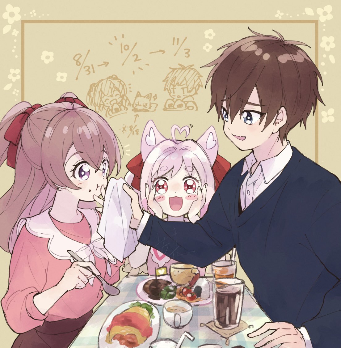 1boy 2girls :3 :d :t ahoge animal_ears bangs birthday blue_eyes blue_sweater blush_stickers brown_hair collared_shirt commentary cup dated delicious_party_precure dress_shirt drinking_glass drinking_straw eating food food_on_face fox_ears fox_girl hair_ribbon handkerchief hands_on_own_face heart heart_ahoge holding holding_handkerchief holding_spoon kome-kome_(precure) kome-kome_(precure)_(human) long_sleeves looking_at_another medium_hair motion_lines multiple_girls nagomi_yui notice_lines omelet omurice onigiri picnic pink_hair pink_shirt plate precure purple_eyes red_ribbon ribbon shinada_takumi shirt short_hair smile sorashinakei_k spoon sweater table twintails two_side_up v-neck white_shirt wing_collar wiping_face