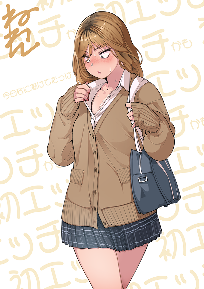 1girl bag black_hair blush breasts brown_hair cardigan commentary_request cowboy_shot medium_breasts miniskirt multicolored_hair neone original plaid plaid_skirt pleated_skirt red_nails school_bag school_uniform skirt sleeves_past_wrists solo sweat translation_request two-tone_hair