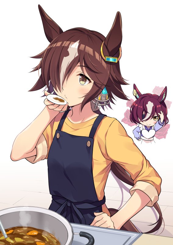 2girls animal_ears apron black_apron brown_eyes brown_hair casual closed_mouth cooking eyepatch food hair_over_one_eye holding horse_ears horse_girl long_sleeves multiple_girls odawara_hakone ponytail purple_shirt school_uniform shirt short_hair simple_background sleeves_rolled_up smile tanino_gimlet_(umamusume) tracen_school_uniform umamusume vodka_(umamusume) white_apron white_background yellow_eyes yellow_shirt