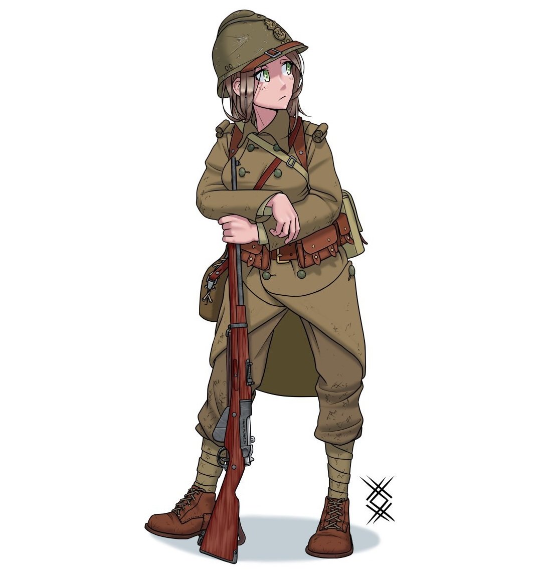 1girl adrian_helmet berthier_rifle france french_army green_eyes helmet history leg_wrap military military_helmet original ostwindprojekt puttee soldier uniform world_war_ii