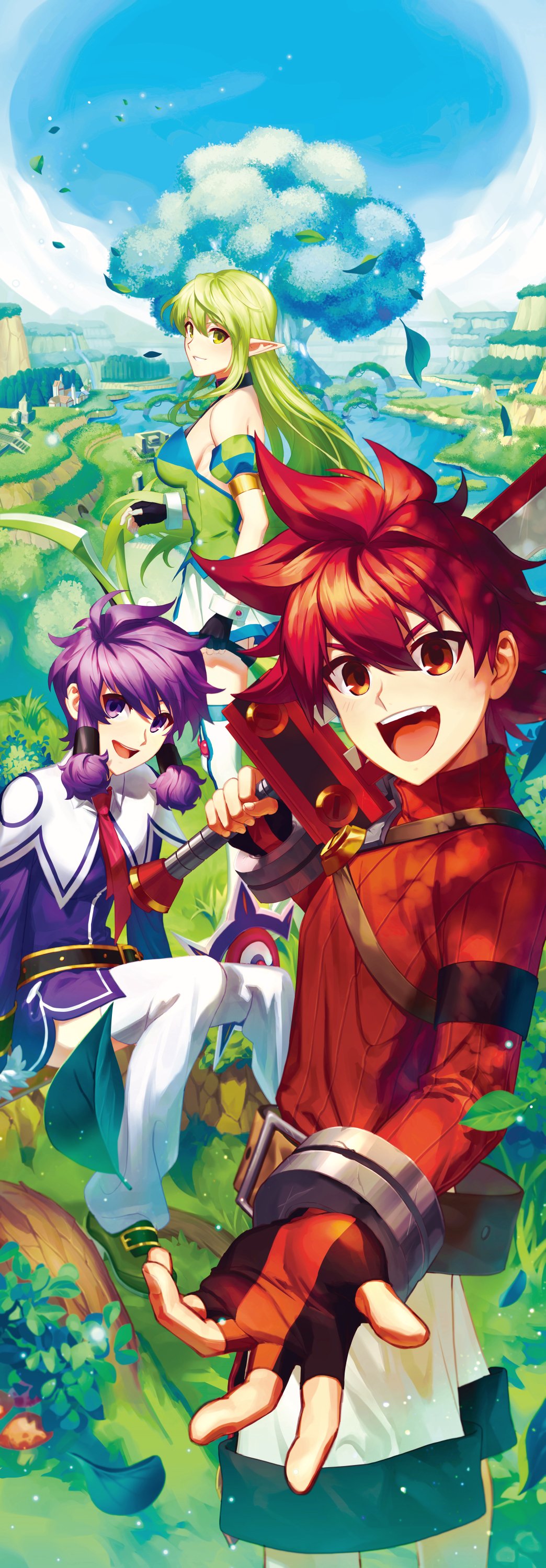1boy 2girls absurdres aisha_landar bangs bare_shoulders belt black_gloves blue_sky bow_(weapon) breasts brown_belt commentary_request curly_hair day dress elf elsword elsword_(character) fingerless_gloves gloves grass green_dress green_eyes green_hair hair_between_eyes hair_tubes highres holding holding_bow_(weapon) holding_staff holding_sword holding_weapon knight_(elsword) korean_commentary leaf long_hair long_sleeves looking_at_viewer magician_(elsword) medium_breasts multiple_girls necktie nt_0803 open_mouth outdoors plant pointy_ears pointy_hair purple_dress purple_eyes purple_hair ranger_(elsword) reaching_towards_viewer red_eyes red_hair red_necktie red_sweater rena_erindel ribbed_sweater short_hair shorts sidelocks skirt sky smile staff sweater sword teeth thighhighs tree upper_teeth_only water weapon white_shorts white_skirt white_thighhighs