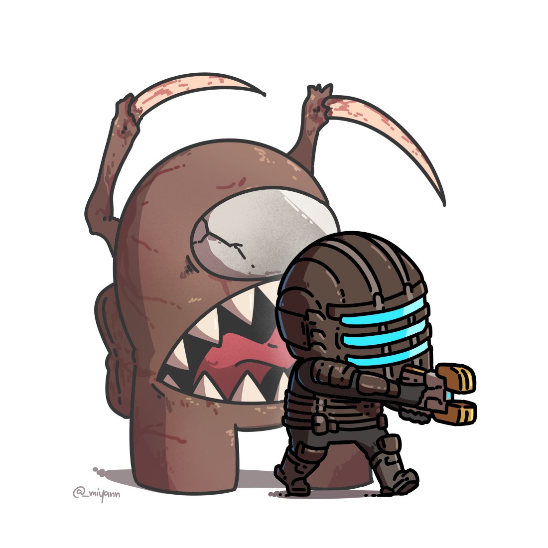 1boy among_us brown_(among_us) chibi crewmate_(among_us) crossover dead_space english_commentary fusion gun helmet holding holding_gun holding_weapon isaac_clarke male_focus miyan_(oceanmaiden) necromorph open_mouth power_armor shadow sharp_teeth teeth tongue tongue_out twitter_username walking weapon