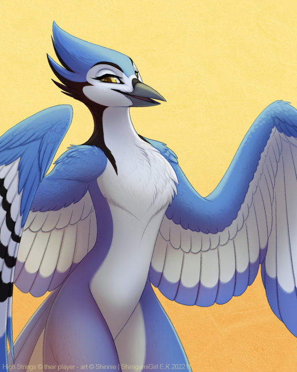 2022 anthro avian beak bird black_beak digital_media_(artwork) eyebrows eyelashes feathered_wings feathers shinigamigirl simple_background smile solo standing wings yellow_background yellow_eyes